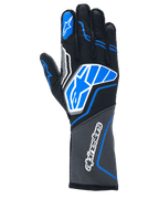 Alpinestars Tech-1 ZX V4 handschoenen, autoracehandschoenen, zwart met blauwe en grijze accenten, voorzien van het witte Alpinestars ster-logo en woordmerk, honingraatstofconstructie, professionele motorsportuitrusting