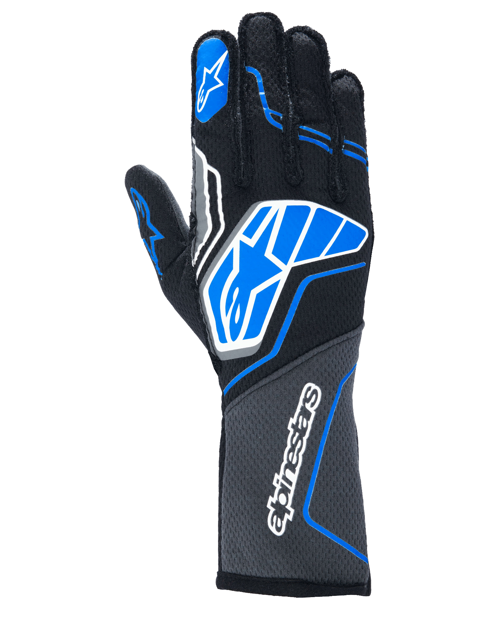 Alpinestars Tech-1 ZX V4 handschoenen, autoracehandschoenen, zwart met blauwe en grijze accenten, voorzien van het witte Alpinestars ster-logo en woordmerk, honingraatstofconstructie, professionele motorsportuitrusting