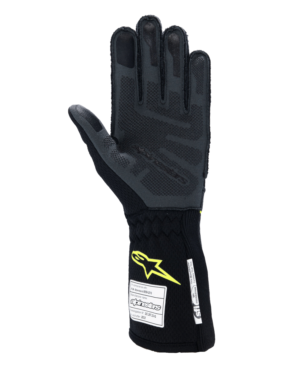 Gants Alpinestars Tech-1 ZX V4, gants de course automobile, gris goudron et noir avec logo jaune fluo, vue de la paume montrant le grip en silicone 3D texturé et les étiquettes d'homologation FIA/SFI, équipement professionnel de sport automobile