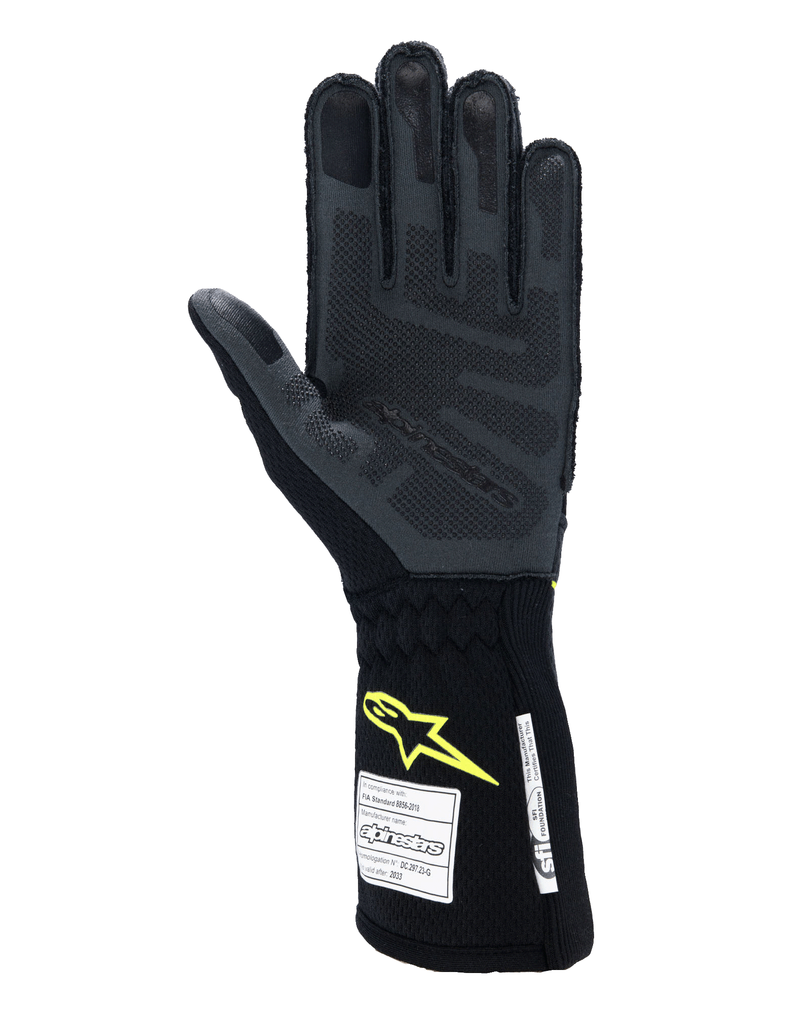 Gants Alpinestars Tech-1 ZX V4, gants de course automobile, gris goudron et noir avec logo jaune fluo, vue de la paume montrant le grip en silicone 3D texturé et les étiquettes d'homologation FIA/SFI, équipement professionnel de sport automobile