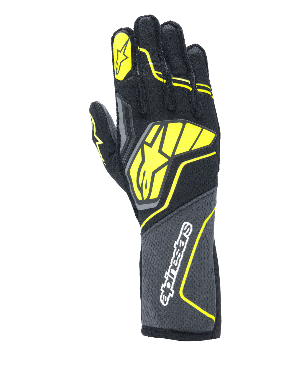 Gants Alpinestars Tech-1 ZX V4, gants de course automobile, gris goudron, noir et jaune fluo, dotés d'un grand logo étoile jaune au dos et d'un marquage blanc sur la manchette, tissu à structure alvéolée avec des accents néon angulaires, équipement professionnel de sport automobile.