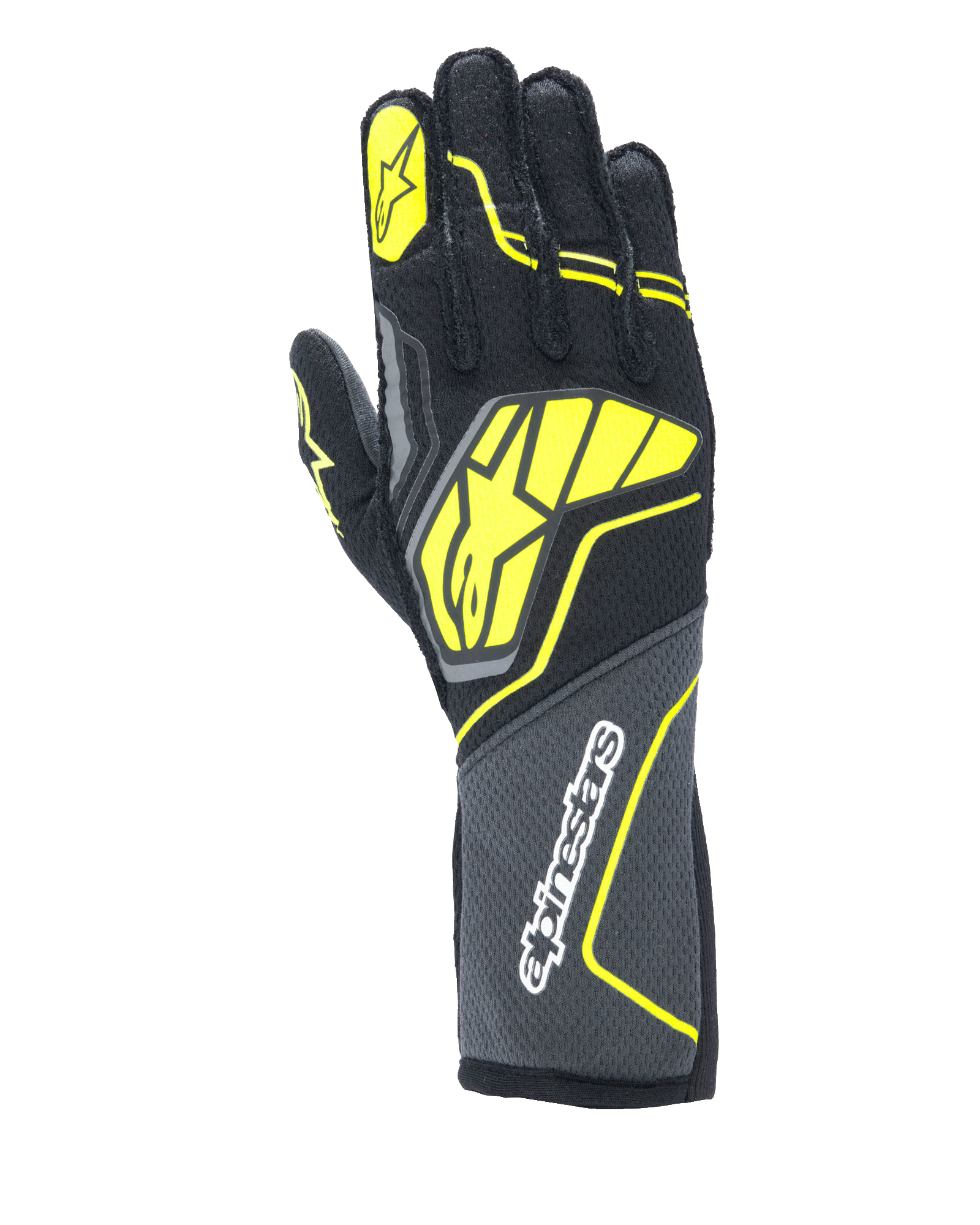Alpinestars Tech-1 ZX V4 handschoenen, autoracehandschoenen, Tar Gray, zwart en fluogeel, met een groot geel sterlogo op de handrug en witte branding op de manchet, honingraatstof met hoekige neonaccenten, professionele motorsportuitrusting
