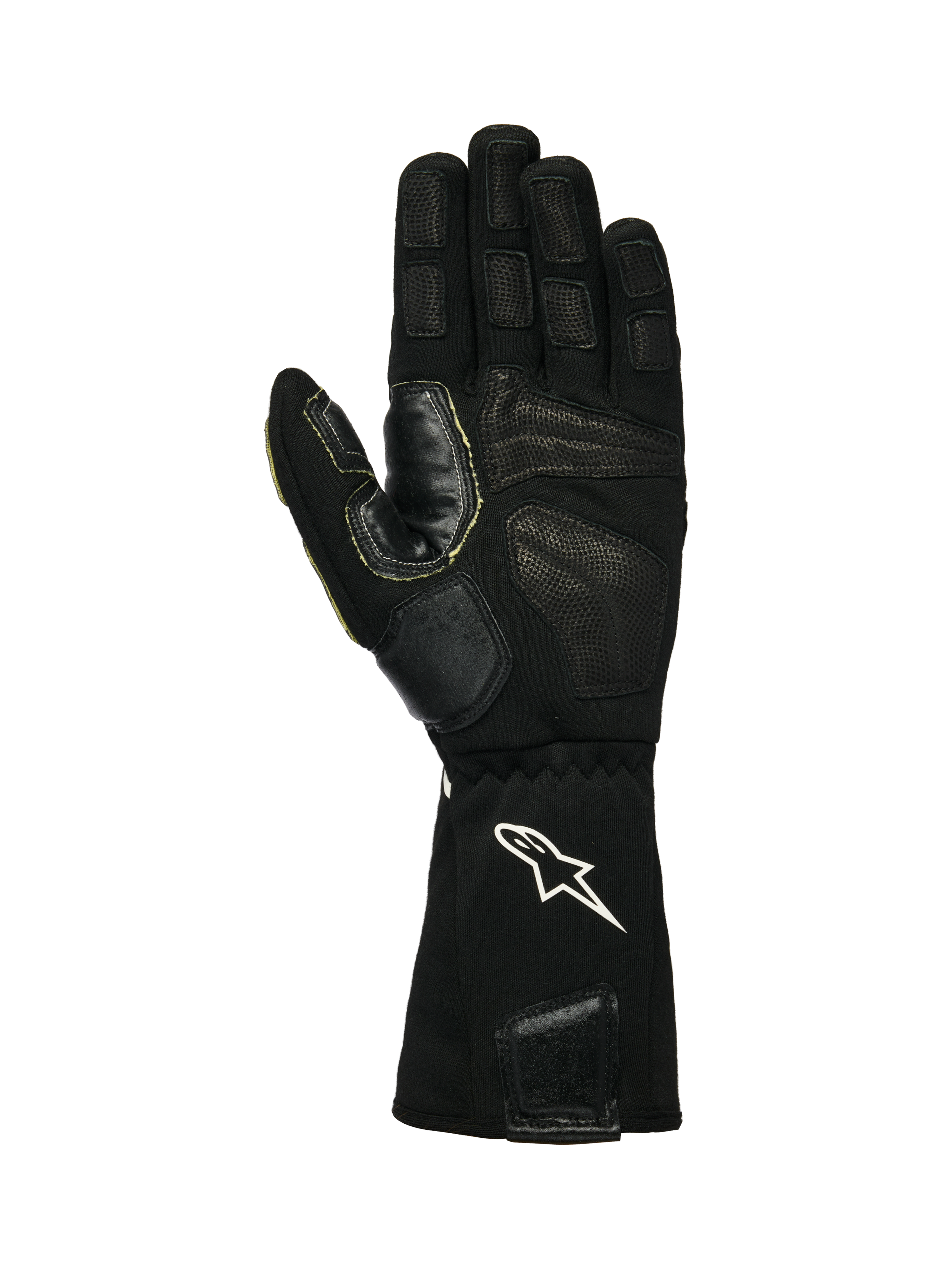 Alpinestars Tech-M V2 Gloves FIA, Pit-Crew Gloves, Black and White, palm view showing textured leather and silicone grip patches, white star logo on the elasticated cuff, designed for motorsport wheel gun use