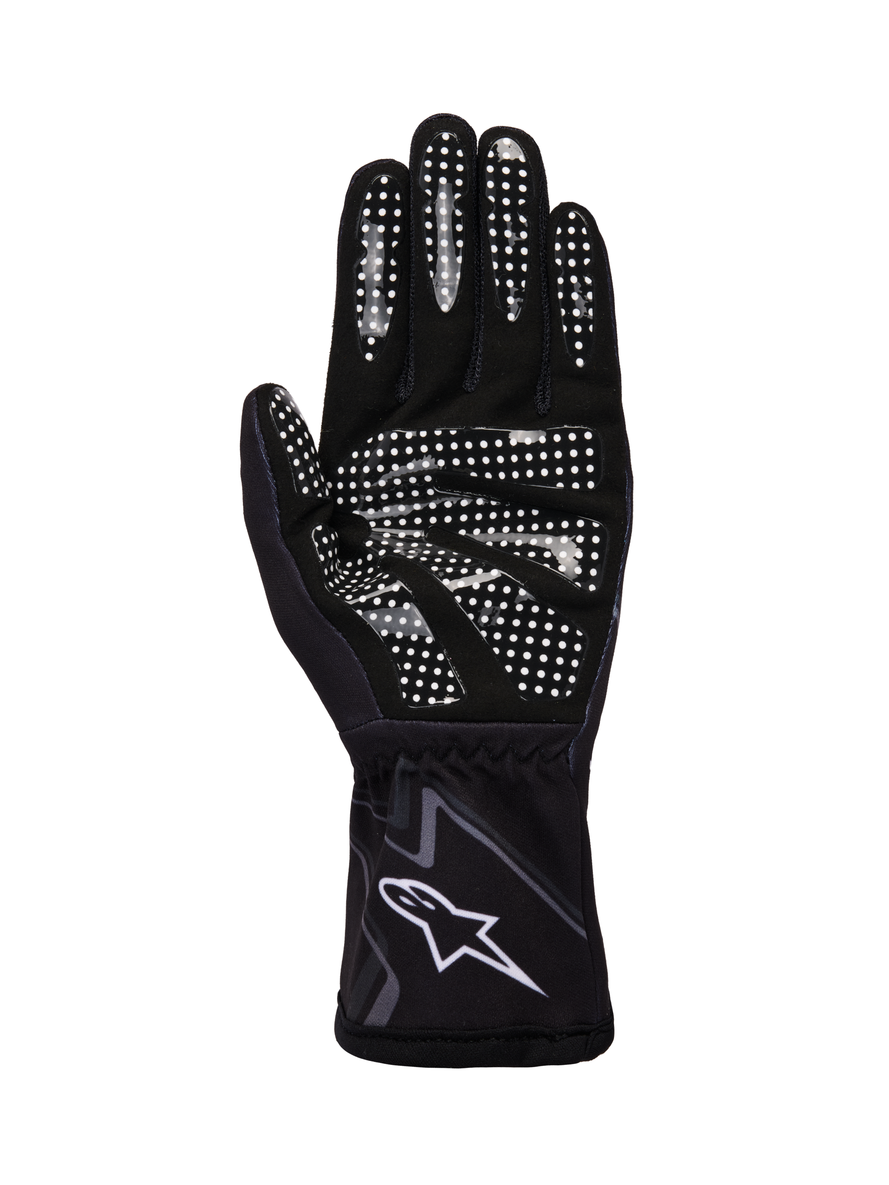 Alpinestars Tech-1 K Race V2 Handschoenen Graphic 1, karthandschoenen, zwart, Tar Gray en wit, zicht op de handpalm met wit siliconen grippatroon en Alpinestars-logo op de polsmanchet.