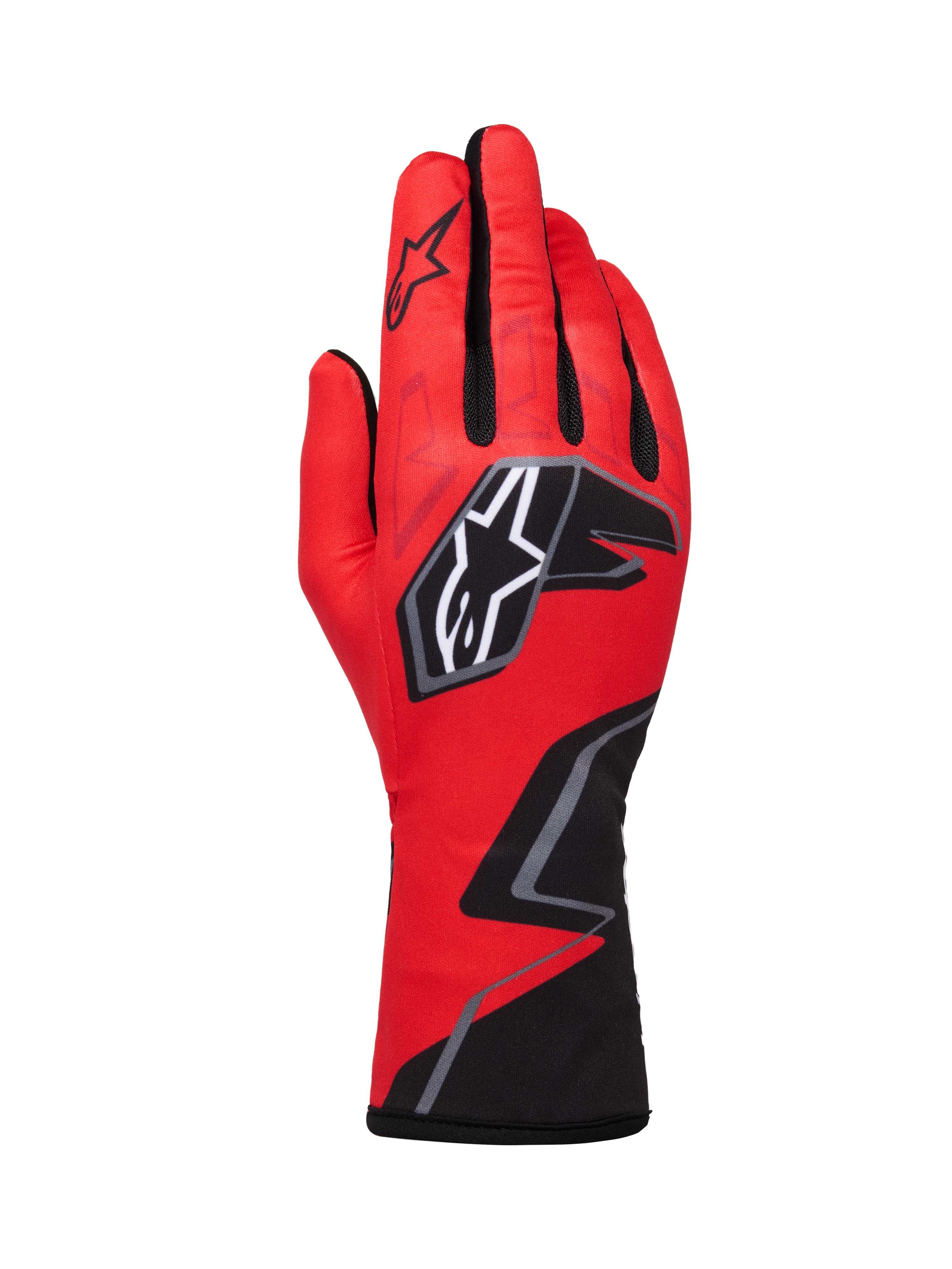 Alpinestars Tech-1 K Race V2 Handschoenen Graphic 1, kartinghandschoenen, rood met zwarte en witte accenten, met een opvallend sterlogo en geometrisch zigzagontwerp op de pols, lichtgewicht textielconstructie voor motorsport