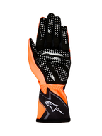 Alpinestars Tech-1 K Race V2 Handschoenen Graphic 1, karthandschoenen, oranje fluo en zwart, zicht op de handpalm met wit siliconen grippatroon en Alpinestars-logo op de polsmanchet