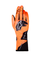 Alpinestars Tech-1 K Race V2 handschoenen Graphic 1, karting handschoenen, fluorescerend oranje met zwarte en witte accenten, achteraanzicht van de linkerhandschoen, opvallend sterlogo, nauwsluitend textielontwerp met hoekige graphics