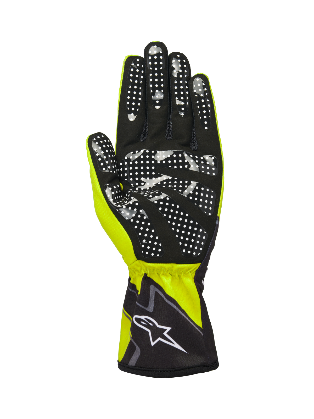 Alpinestars Tech-1 K Race V2 Handschuhe Graphic 1, Gelb Fluo Schwarz Weiß, Handflächenansicht mit schwarzem synthetischem Wildleder und weißem Silikon-Punkt-Gripmuster, elastische Manschette mit weißem Alpinestars-Logo, Hochleistungs-Karthandschuh
