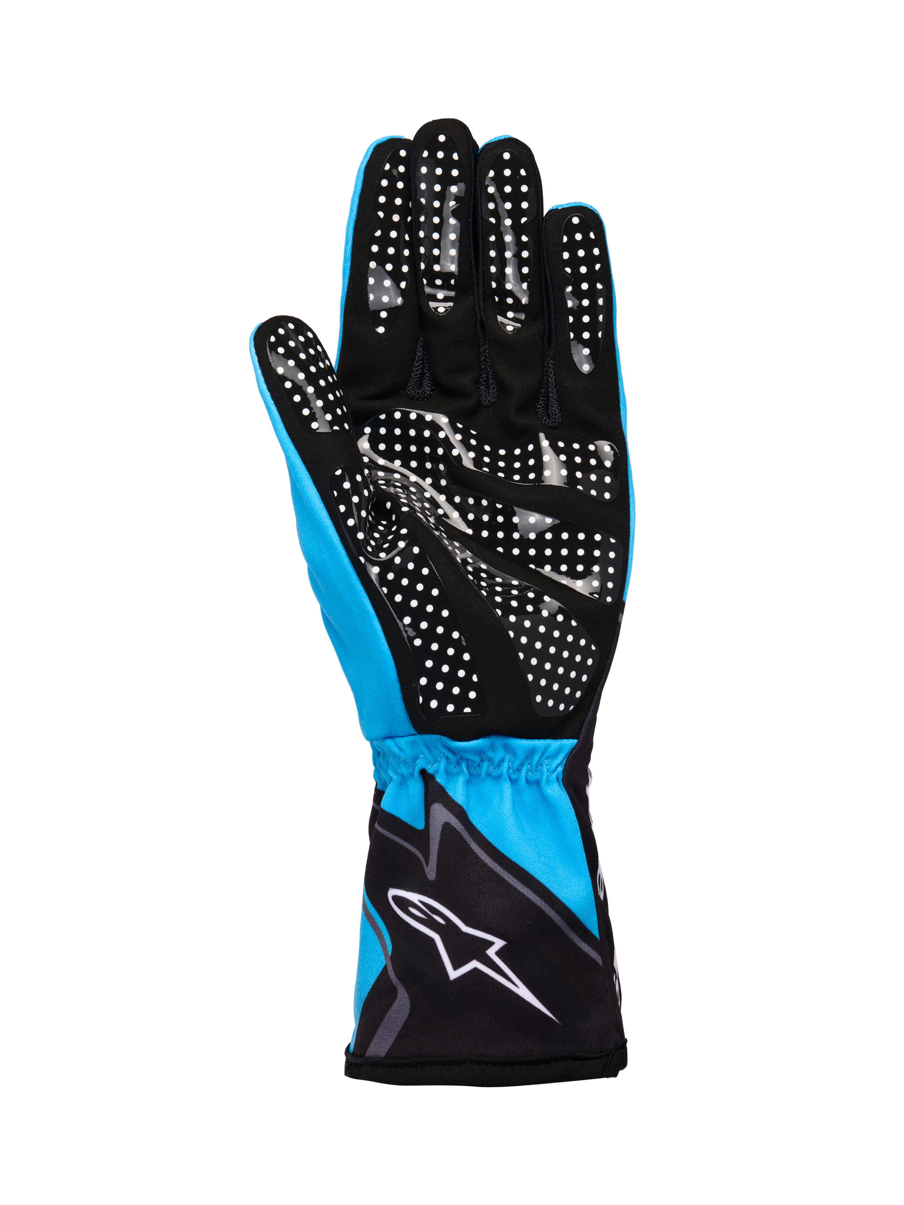 Alpinestars Tech-1 K Race V2 Handschuhe Graphic 1, Kart-Handschuhe, Cyan, Schwarz und Weiß, Handfläche aus synthetischem Wildleder mit weißem Silikon-Punktmuster für Grip, elastische Manschette mit weißem Alpinestars-Logo, leichte atmungsaktive Konstruktion für den Motorsport