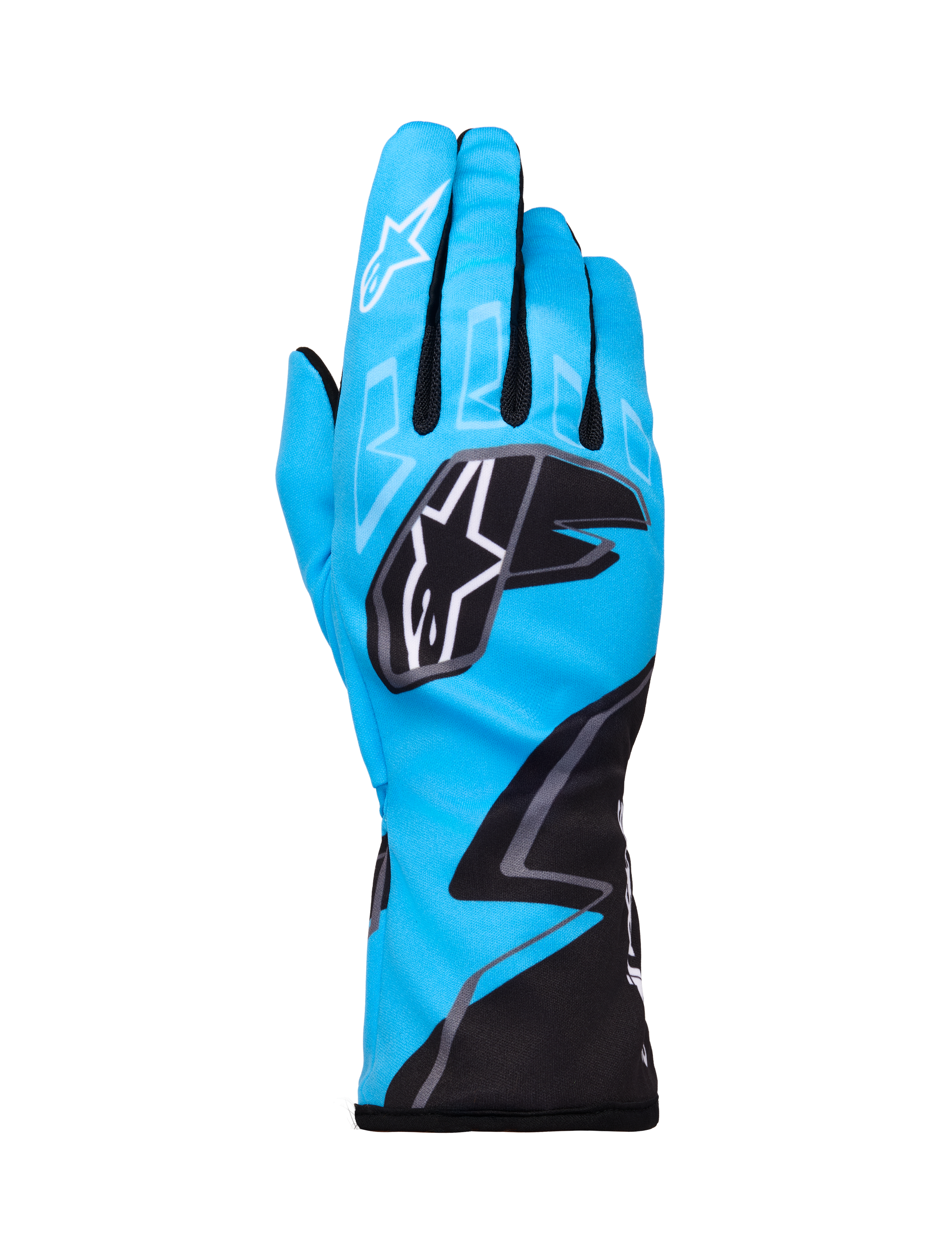 Alpinestars Tech-1 K Race V2 Graphic 1 Handschuhe, Kart-Rennhandschuhe, Cyan, Schwarz und Weiß, auffällige geometrische Muster, weißes Alpinestars-Sternlogo auf den Knöcheln, verlängerte Manschette, leichtes und atmungsaktives Material für Karting-Performance