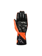 Alpinestars Jeugd Tech-1 K Race S V2 Graphic 1 handschoenen, karting handschoenen, fluo oranje, zwart en wit, handpalmaanzicht met zwart synthetisch suède, wit siliconen grippatroon, fluo oranje duim en zwarte manchet met wit Alpinestars-logo