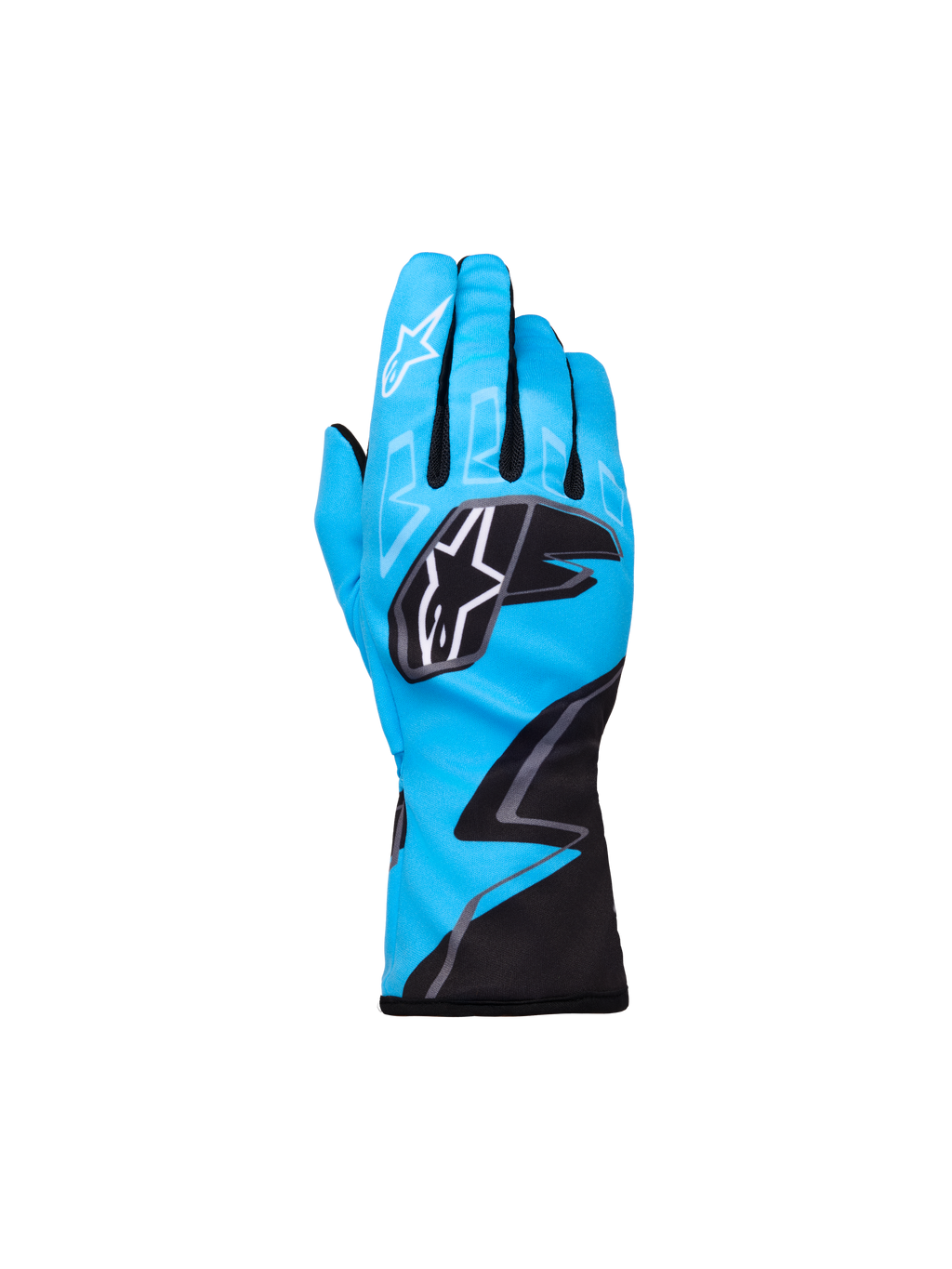 Alpinestars Youth Tech-1 K Race S V2 Graphic 1, gants de karting, bleu cyan avec accents noirs et blancs, logos étoile Alpinestars sur les articulations et l'index, motif graphique en zigzag, protection sportive légère pour jeunes pilotes