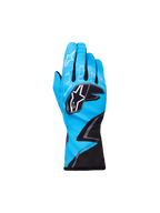 Alpinestars Youth Tech-1 K Race S V2 Graphic 1, gants de karting, bleu cyan avec accents noirs et blancs, logos étoile Alpinestars sur les articulations et l'index, motif graphique en zigzag, protection sportive légère pour jeunes pilotes