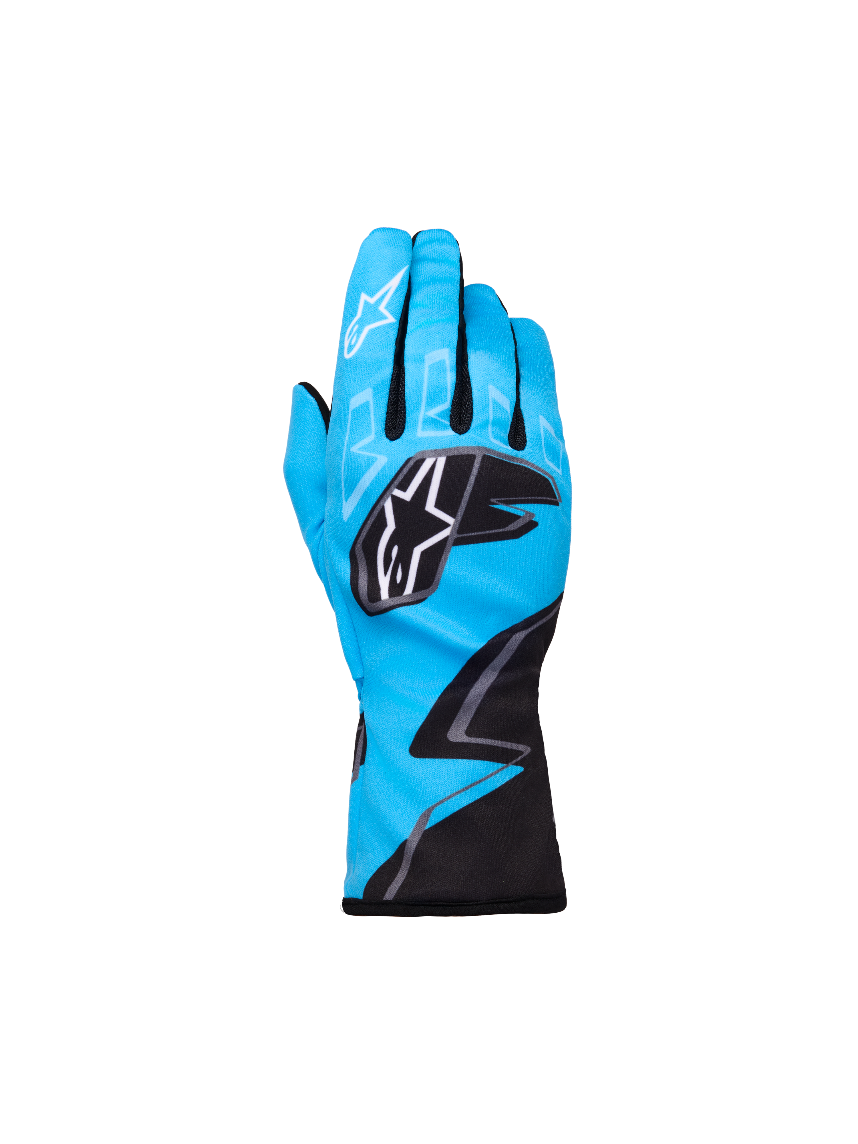Alpinestars Youth Tech-1 K Race S V2 Graphic 1, gants de karting, bleu cyan avec accents noirs et blancs, logos étoile Alpinestars sur les articulations et l'index, motif graphique en zigzag, protection sportive légère pour jeunes pilotes