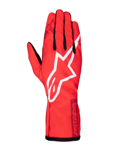 Alpinestars Tech-1 K Race V2 Pure Gloves, Karting Racing Gloves, Red with white and burgundy accents, featuring a prominent white star logo, black finger details, and ASTARS branding on the cuff, lightweight performance gear for drivers