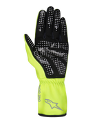 Alpinestars Youth Tech-1 K Race S V2 Pure Gloves, gants de karting, jaune fluo et noir, vue de la paume montrant un motif de points en silicone pour l'adhérence, suède synthétique, manchette jaune vif avec logo Alpinestars gris et poignet élastiqué.