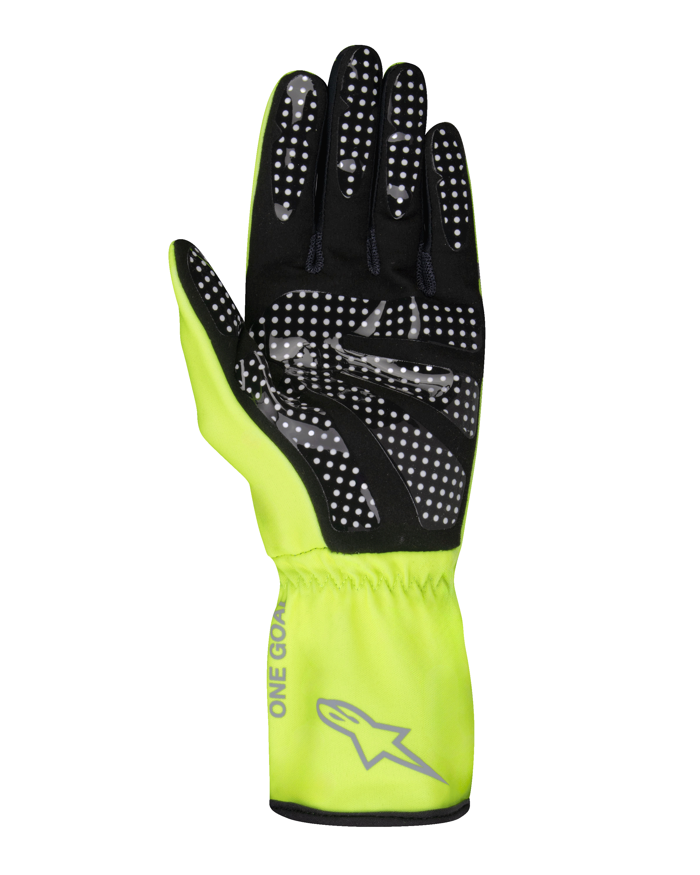 Alpinestars Youth Tech-1 K Race S V2 Pure Gloves, gants de karting, jaune fluo et noir, vue de la paume montrant un motif de points en silicone pour l'adhérence, suède synthétique, manchette jaune vif avec logo Alpinestars gris et poignet élastiqué.
