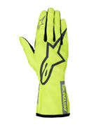 Alpinestars Youth Tech-1 K Race S V2 Pure, gants de karting pour enfant, jaune fluorescent et gris, avec un grand logo A-star sur le dos de la main, marquage ASTARS sur le poignet et fourchettes de doigts en maille.