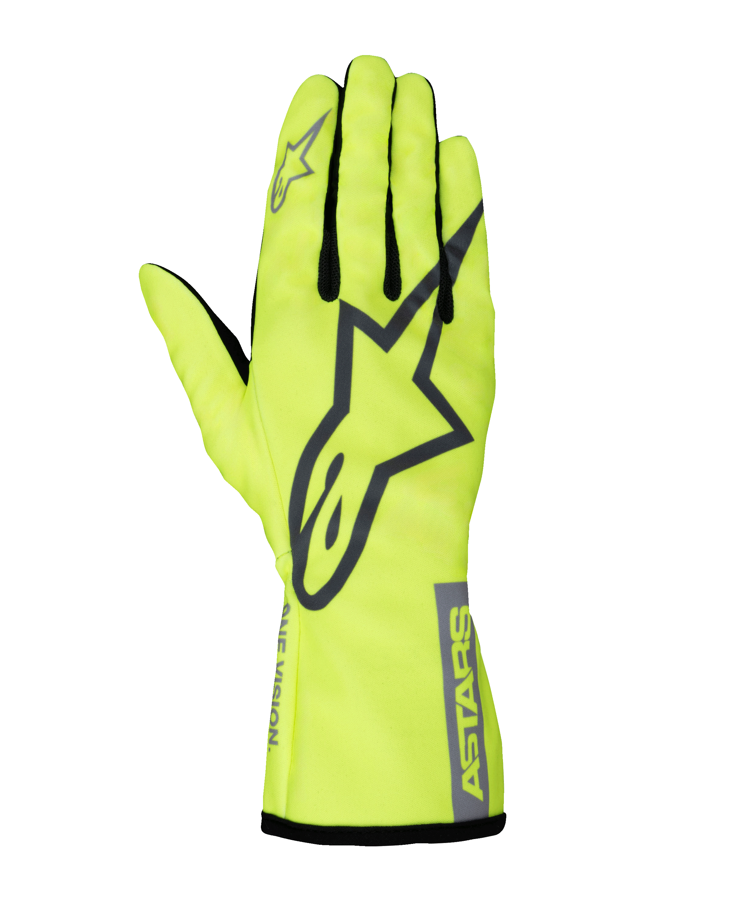 Alpinestars Youth Tech-1 K Race S V2 Pure, gants de karting pour enfant, jaune fluorescent et gris, avec un grand logo A-star sur le dos de la main, marquage ASTARS sur le poignet et fourchettes de doigts en maille.