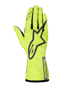 Alpinestars Tech-1 K Race V2 Pure Handschuhe, Karting-Rennhandschuhe, Neongelb und Grau, großes Stern-Logo auf dem Handrücken, schwarze Fingereinsätze, gut sichtbare, leichte Motorsportausrüstung