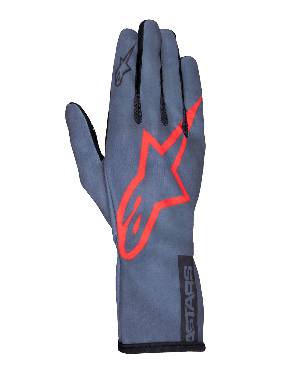 Alpinestars Tech-1 K Race V2 Pure Gloves, Karting Racing Gloves, Asphalt Gray and Red, featuring a large red star logo on the back, lightweight mesh construction, gauntlet cuff, sleek performance design for karting