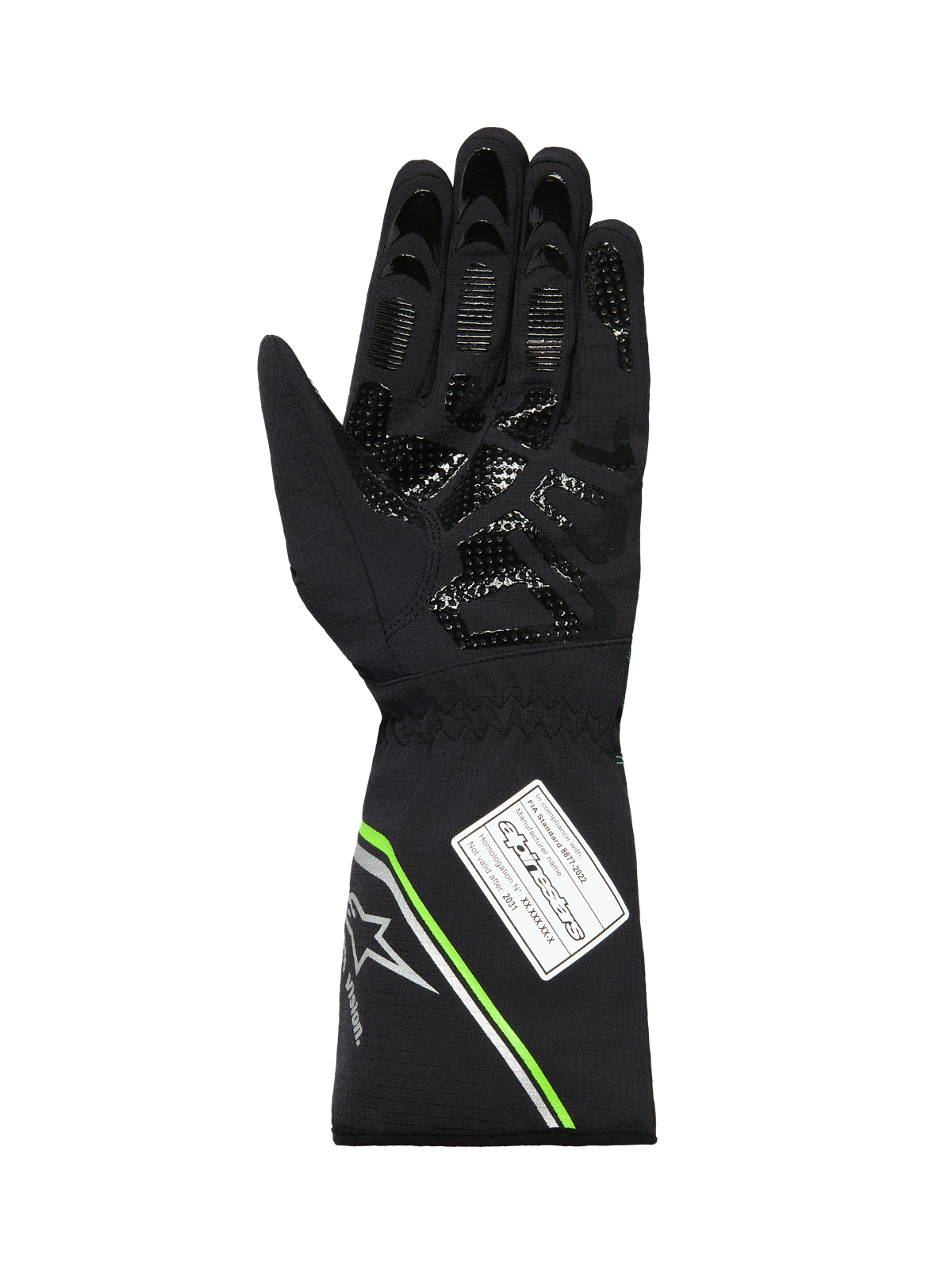 Alpinestars Tempest V3 wasserdichte Handschuhe, Handflächenansicht eines schwarzen Kart-Handschuhs, mit silikonbedrucktem Griffmuster, neongrünen und silbernen Akzenten am Stulpenbund und einem FIA 8877-2022 Homologationslabel.