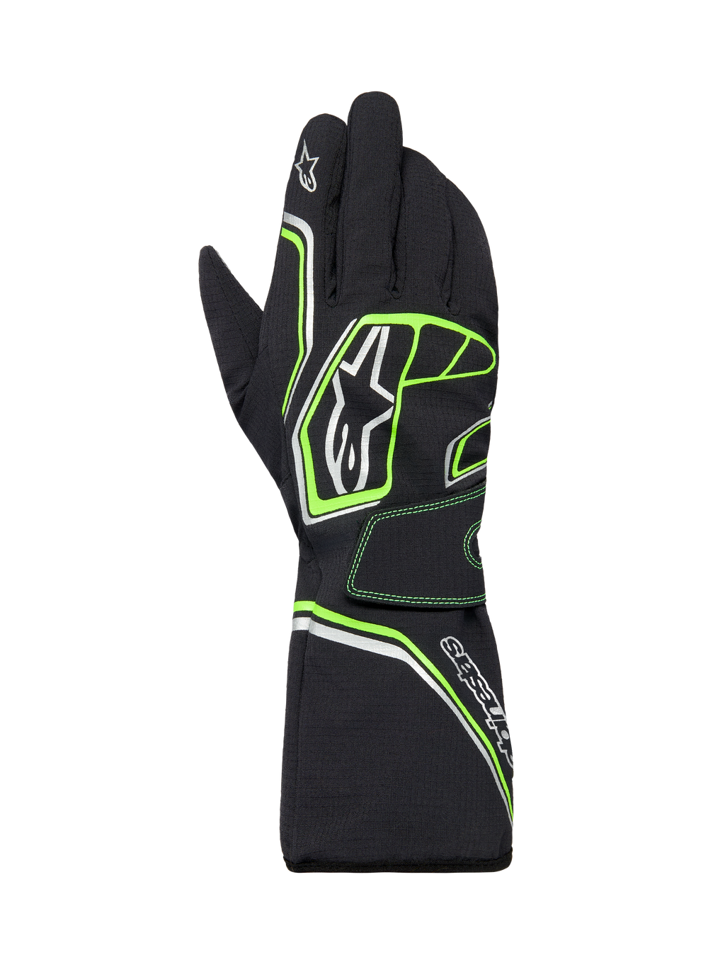 Alpinestars Tempest V3 Wasserdichte Handschuhe, Karting-Handschuhe, Schwarz mit Fluo-Grün und silbernen Akzenten, langes Stulpendesign, mit Alpinestars-Logo-Branding, strapazierfähige Textilkonstruktion für Rennen bei nassem Wetter