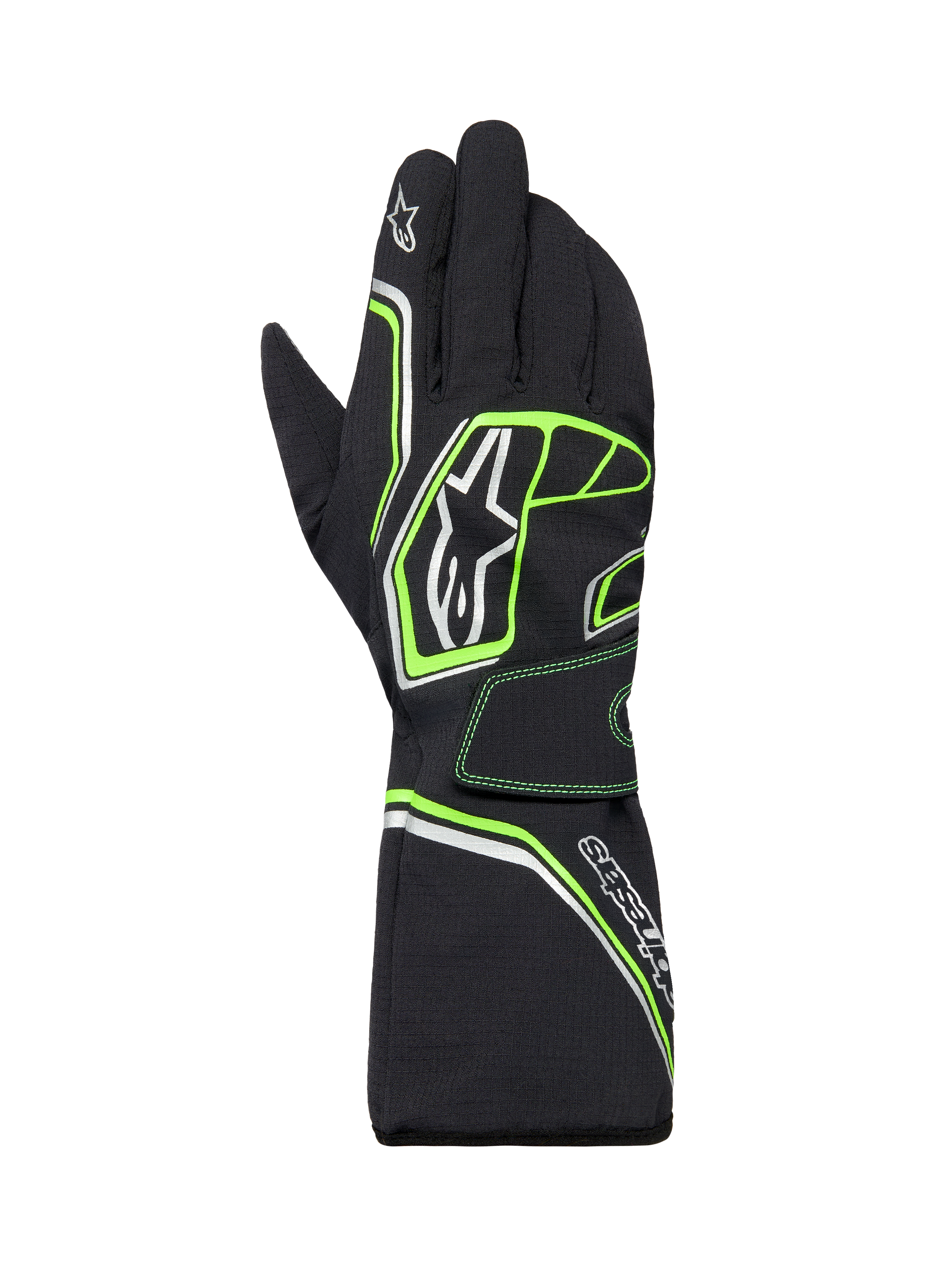 Alpinestars Tempest V3 Wasserdichte Handschuhe, Karting-Handschuhe, Schwarz mit Fluo-Grün und silbernen Akzenten, langes Stulpendesign, mit Alpinestars-Logo-Branding, strapazierfähige Textilkonstruktion für Rennen bei nassem Wetter