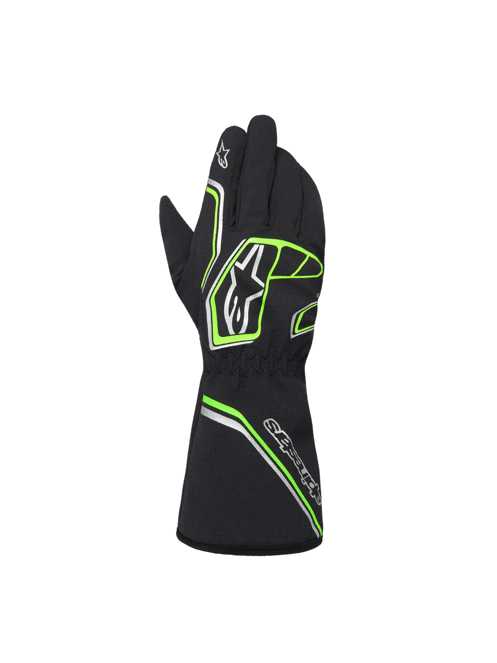 Alpinestars Youth Tempest V3 Waterproof S handschoenen, waterdichte karthandschoenen voor de jeugd, zwart met neon groen en zilveren accenten, achteraanzicht met lange manchet, fluogroene geometrische patronen en Astar-logo's