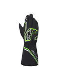 Alpinestars Youth Tempest V3 Waterproof S handschoenen, waterdichte karthandschoenen voor de jeugd, zwart met neon groen en zilveren accenten, achteraanzicht met lange manchet, fluogroene geometrische patronen en Astar-logo's