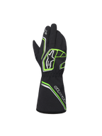 Alpinestars Youth Tempest V3 Waterproof S handschoenen, waterdichte karthandschoenen voor de jeugd, zwart met neon groen en zilveren accenten, achteraanzicht met lange manchet, fluogroene geometrische patronen en Astar-logo's