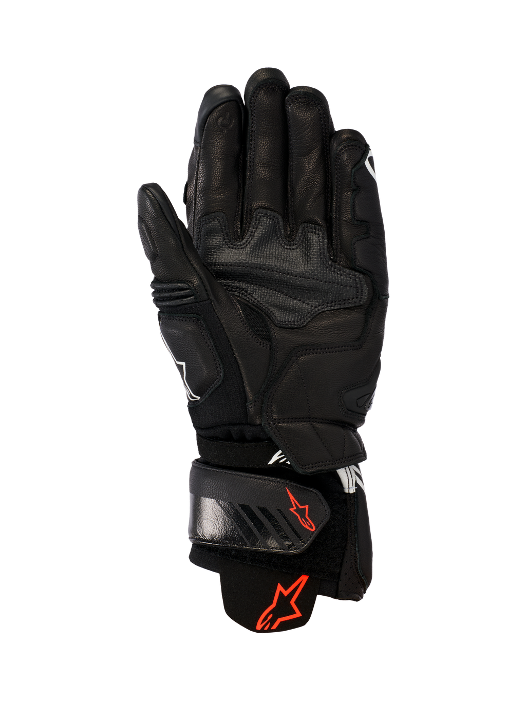 Gants en cuir Alpinestars GP Plus R V3, noirs, vue de la paume montrant une construction en cuir durable, logos Astars rouges sur la sangle de poignet et la manchette, panneaux de préhension renforcés et une fermeture réglable pour la performance en course et sport.