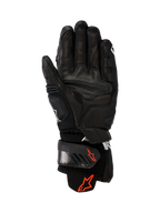 Gants en cuir Alpinestars GP Plus R V3, noirs, vue de la paume montrant une construction en cuir durable, logos Astars rouges sur la sangle de poignet et la manchette, panneaux de préhension renforcés et une fermeture réglable pour la performance en course et sport.