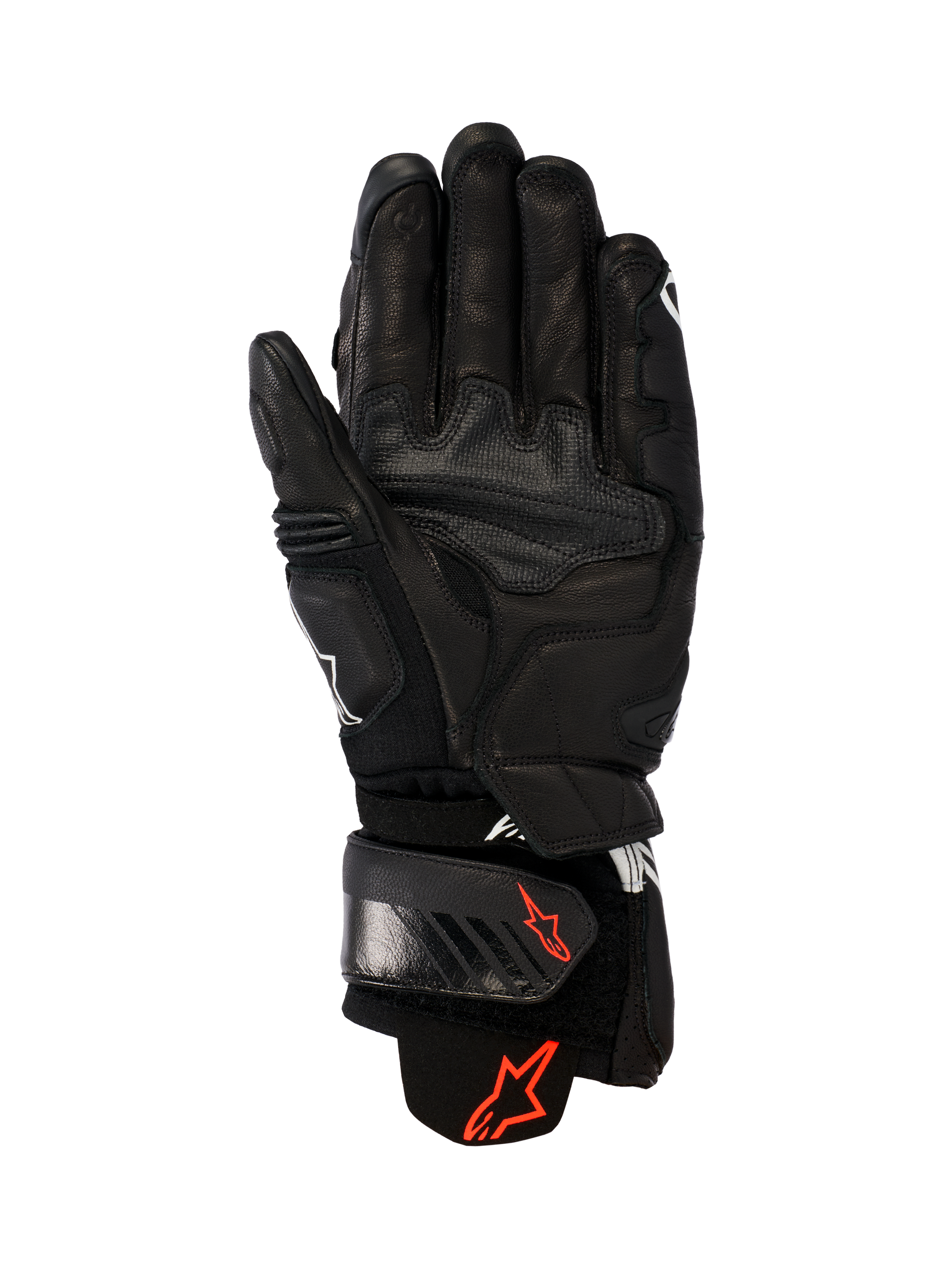 Gants en cuir Alpinestars GP Plus R V3, noirs, vue de la paume montrant une construction en cuir durable, logos Astars rouges sur la sangle de poignet et la manchette, panneaux de préhension renforcés et une fermeture réglable pour la performance en course et sport.