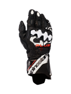 Gants en cuir Alpinestars GP Plus R V3, gants de course moto, noir avec accents blancs et rouges, dotés de protections d'articulations DFS blanches, cuir perforé pour la respirabilité et marquage Alpinestars imposant sur la manchette