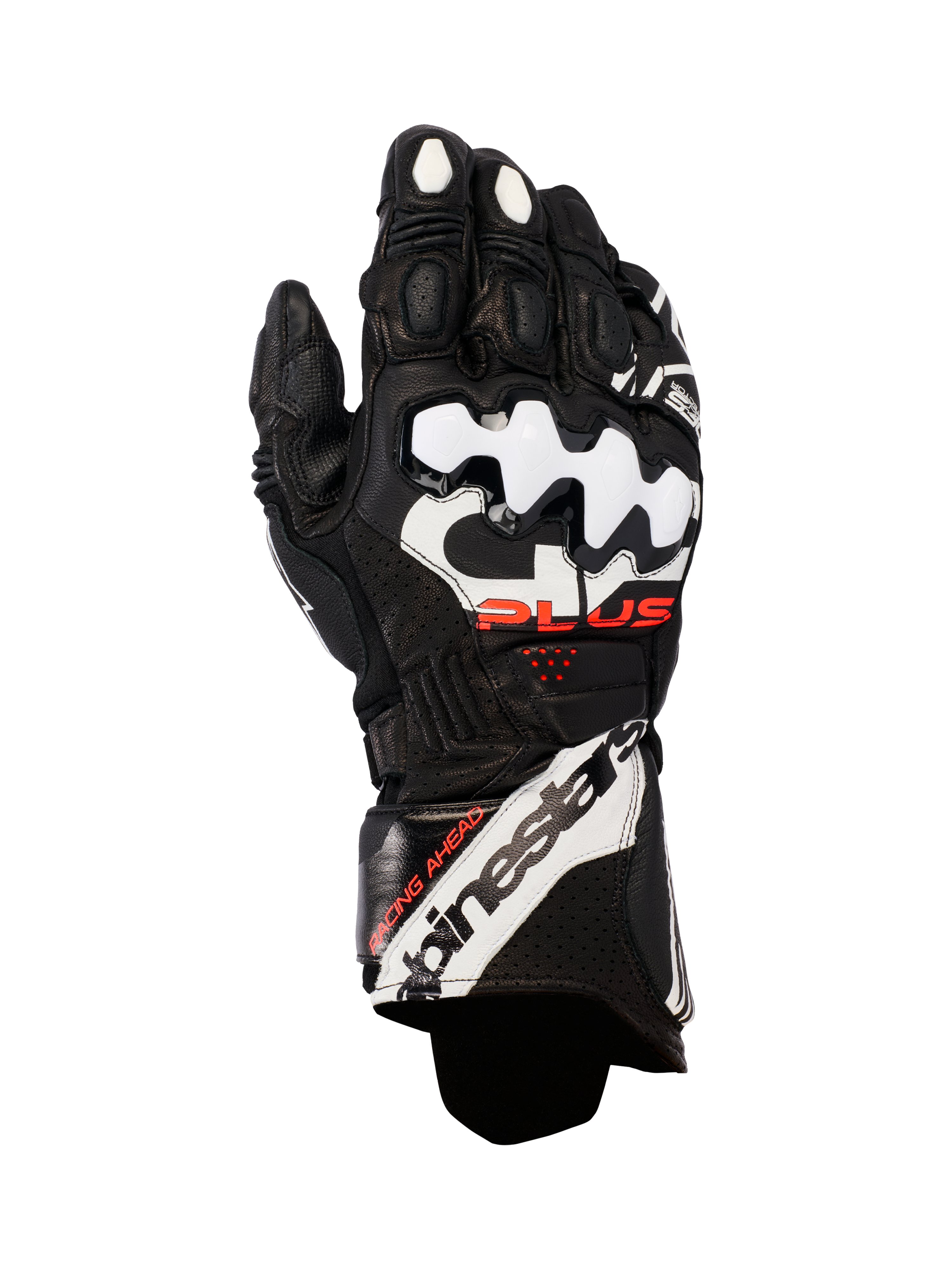 Alpinestars GP Plus R V3 leren motorhandschoenen, race-motorhandschoenen, zwart met witte en rode accenten, voorzien van witte DFS-knokkelbeschermers, geperforeerd leer voor ademend vermogen en opvallende Alpinestars-branding op de manchet
