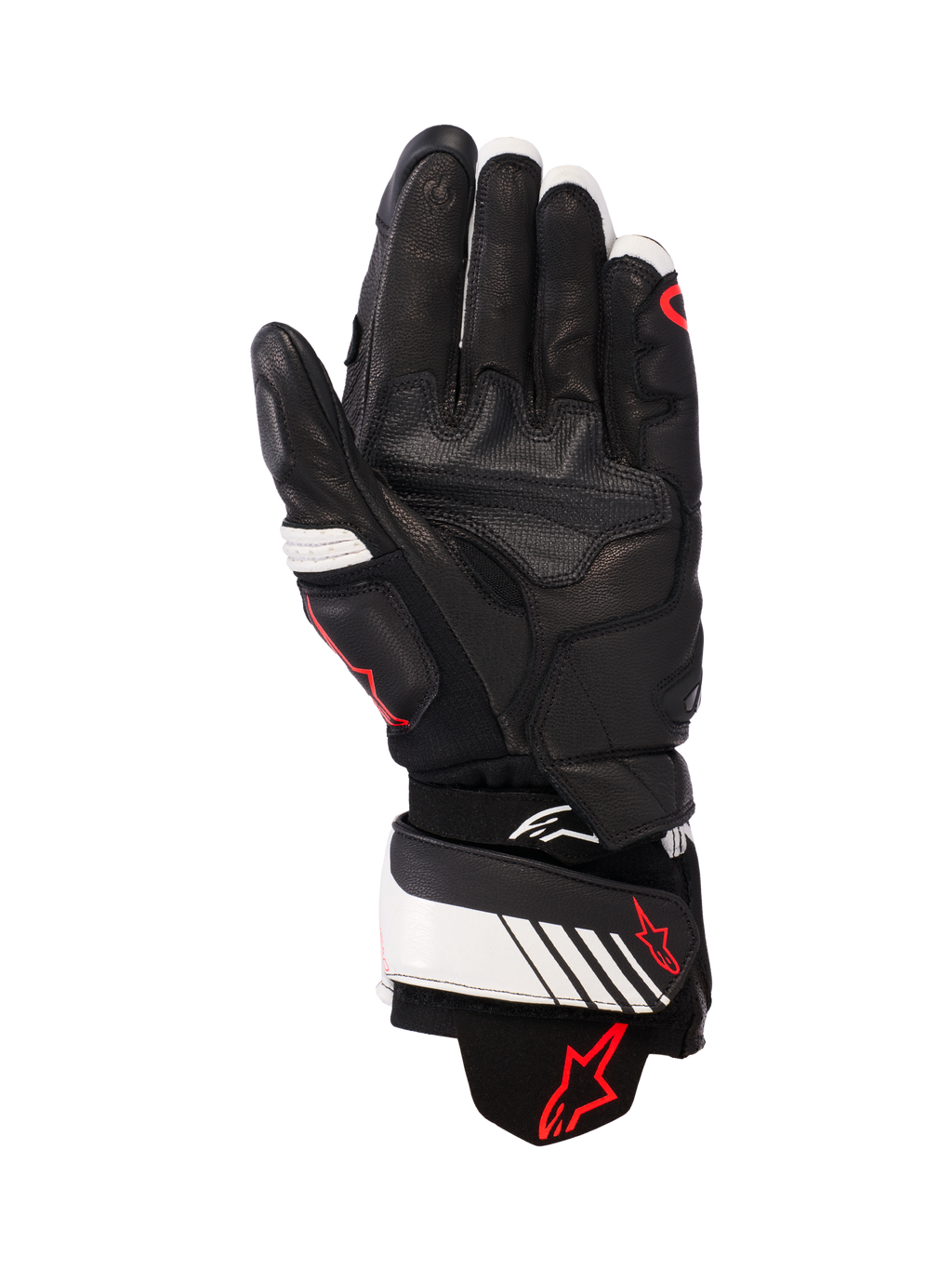 Gants en cuir Alpinestars GP Plus R v3, Noir, Blanc et Rouge Fluo, vue de la paume montrant une construction entièrement en cuir avec rembourrage renforcé, sangle de poignet blanche avec logo Alpinestars rouge, équipement de protection inspiré de la course pour les motards