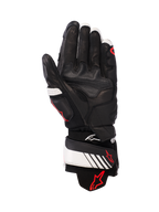 Gants en cuir Alpinestars GP Plus R v3, Noir, Blanc et Rouge Fluo, vue de la paume montrant une construction entièrement en cuir avec rembourrage renforcé, sangle de poignet blanche avec logo Alpinestars rouge, équipement de protection inspiré de la course pour les motards