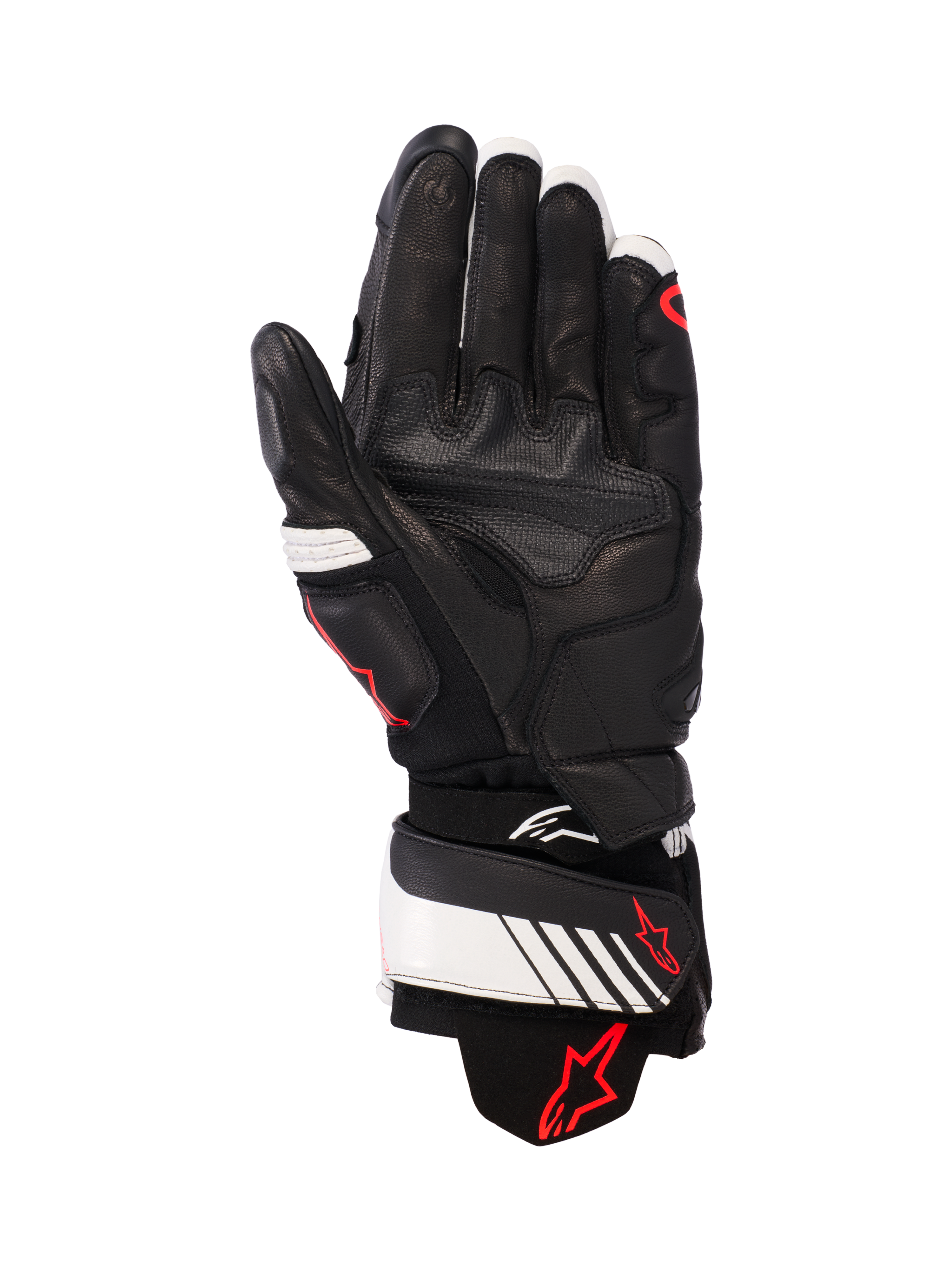 Gants en cuir Alpinestars GP Plus R v3, Noir, Blanc et Rouge Fluo, vue de la paume montrant une construction entièrement en cuir avec rembourrage renforcé, sangle de poignet blanche avec logo Alpinestars rouge, équipement de protection inspiré de la course pour les motards
