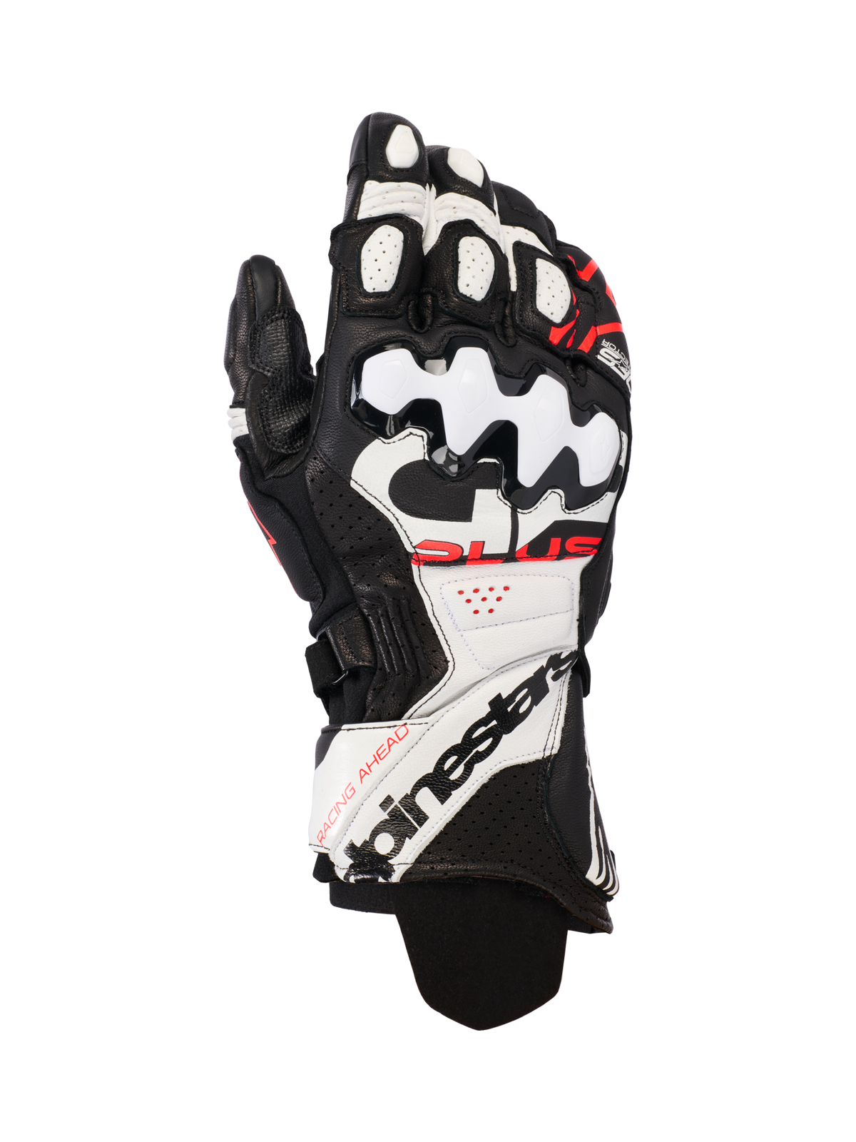 Alpinestars GP Plus R V3 lederen motorhandschoenen, racing handschoenen, zwart, wit en fluorood, hoogwaardige lederen constructie met harde TPU-knokkelbescherming, geperforeerde panelen voor ventilatie, opvallende branding op de verlengde manchet