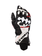 Alpinestars GP Plus R V3 Leather Gloves, gants de moto pour la course, noir, blanc et rouge fluo, construction en cuir premium avec protection des articulations en TPU rigide, panneaux perforés pour la ventilation et logo distinctif sur la manchette longue