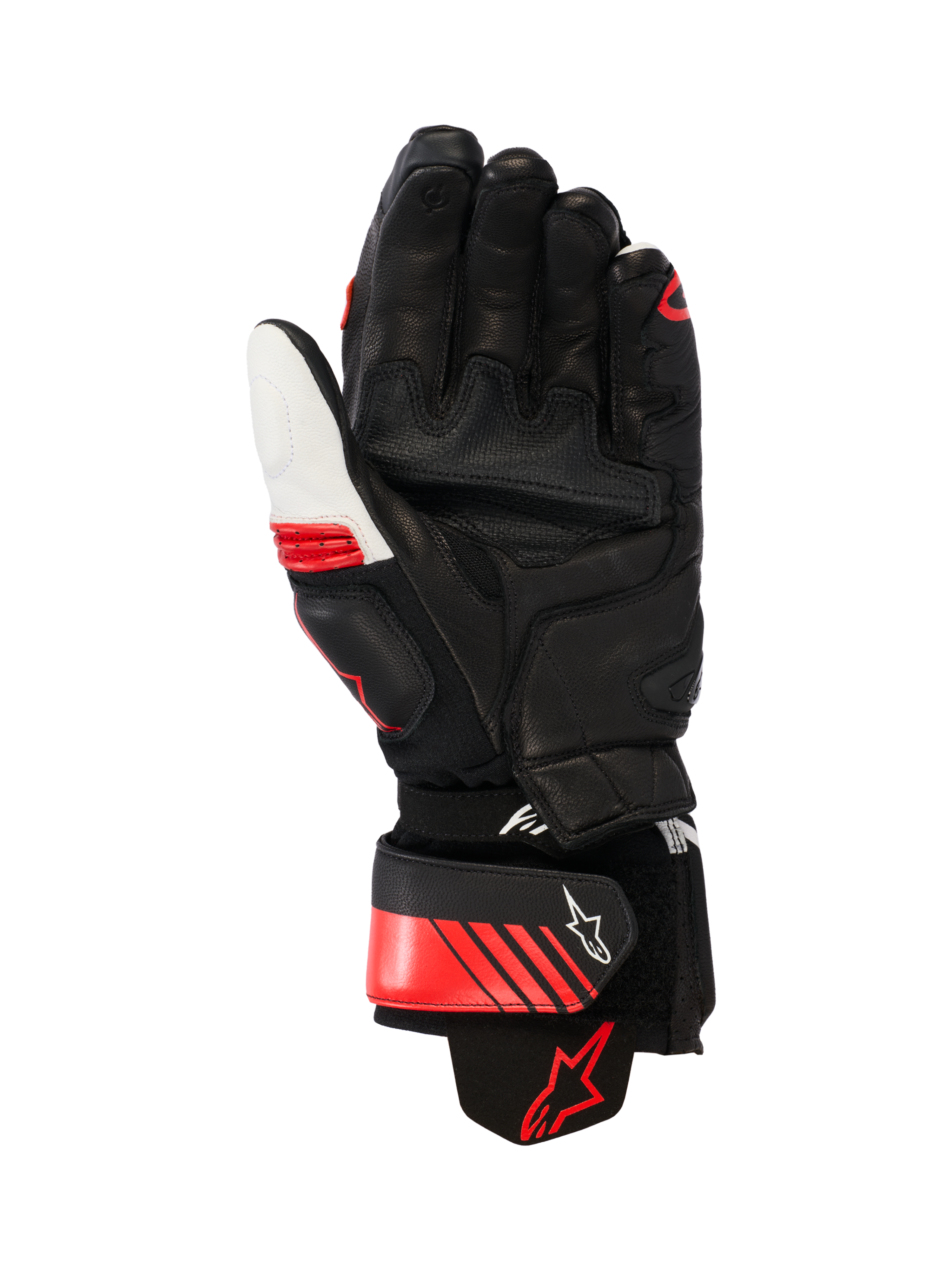 Alpinestars GP Plus R V3 Lederhandschuhe, Racing/Sport Motorradhandschuhe, Schwarz Weiß und leuchtendes Rot, Handflächenansicht mit verstärkter Lederkonstruktion, Handflächen-Slidern und einer Aramid-Stretch-Manschette, mit sicherem Handgelenkverschluss mit Alpinestars-Logo und ergonomischem, vorgekrümmtem Design
