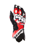Alpinestars GP Plus R V3 Lederhandschuhe, Motorrad-Rennhandschuhe, Schwarz, Weiß und leuchtendes Rot, mit einem großen weißen Knöchelprotektor mit schwarzen Wellenmustern, perforierten Lederbahnen zur Belüftung und Alpinestars-Branding an der Manschette.