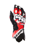 Alpinestars GP Plus R V3 Lederhandschuhe, Motorrad-Rennhandschuhe, Schwarz, Weiß und leuchtendes Rot, mit einem großen weißen Knöchelprotektor mit schwarzen Wellenmustern, perforierten Lederbahnen zur Belüftung und Alpinestars-Branding an der Manschette.