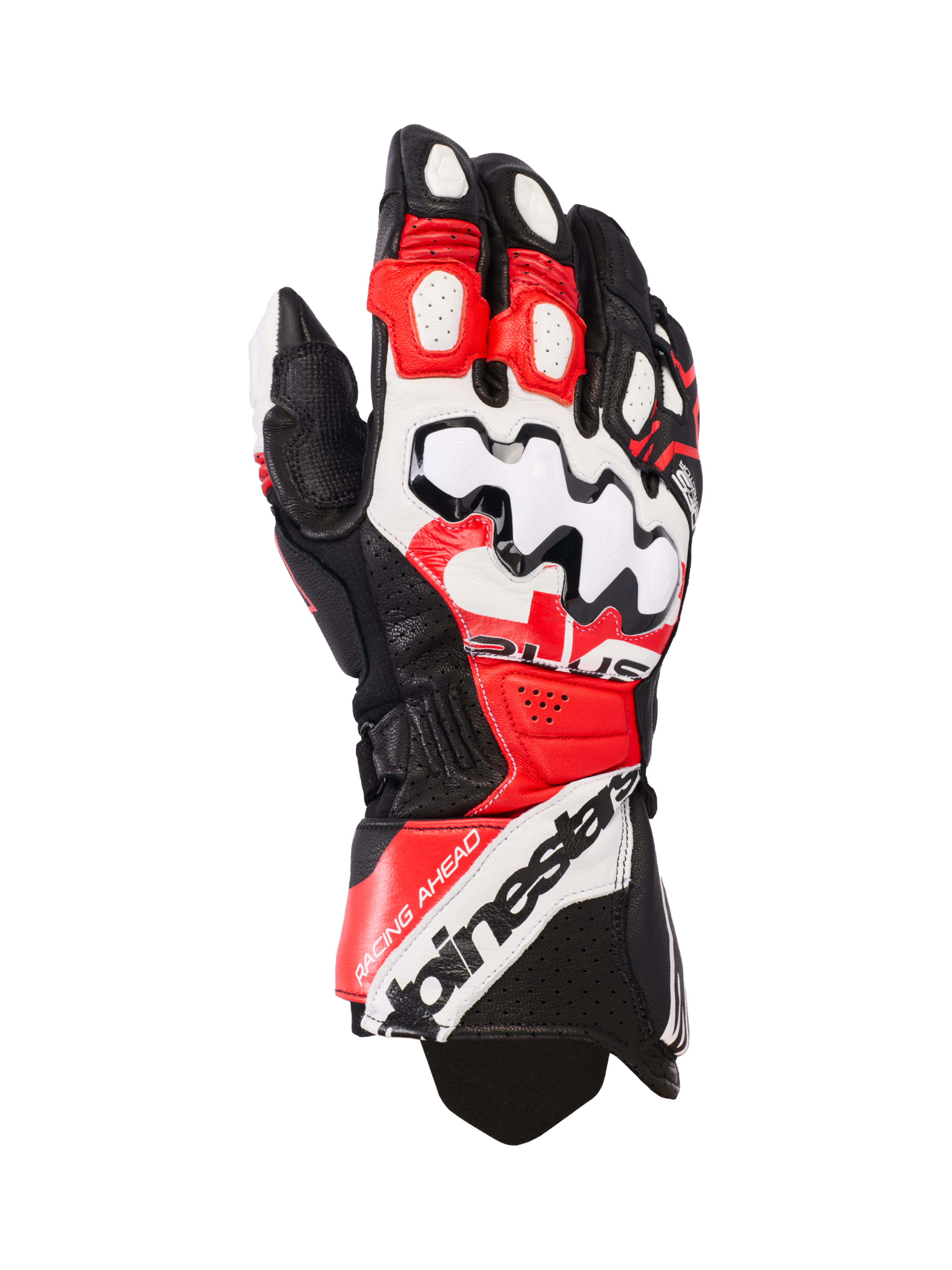 Alpinestars GP Plus R V3 Leather Gloves, Motorcycle Racing Gloves, Black White and Bright Red, featuring a large white knuckle protector with black wave patterns, perforated leather panels for ventilation, and Alpinestars branding on the cuff.