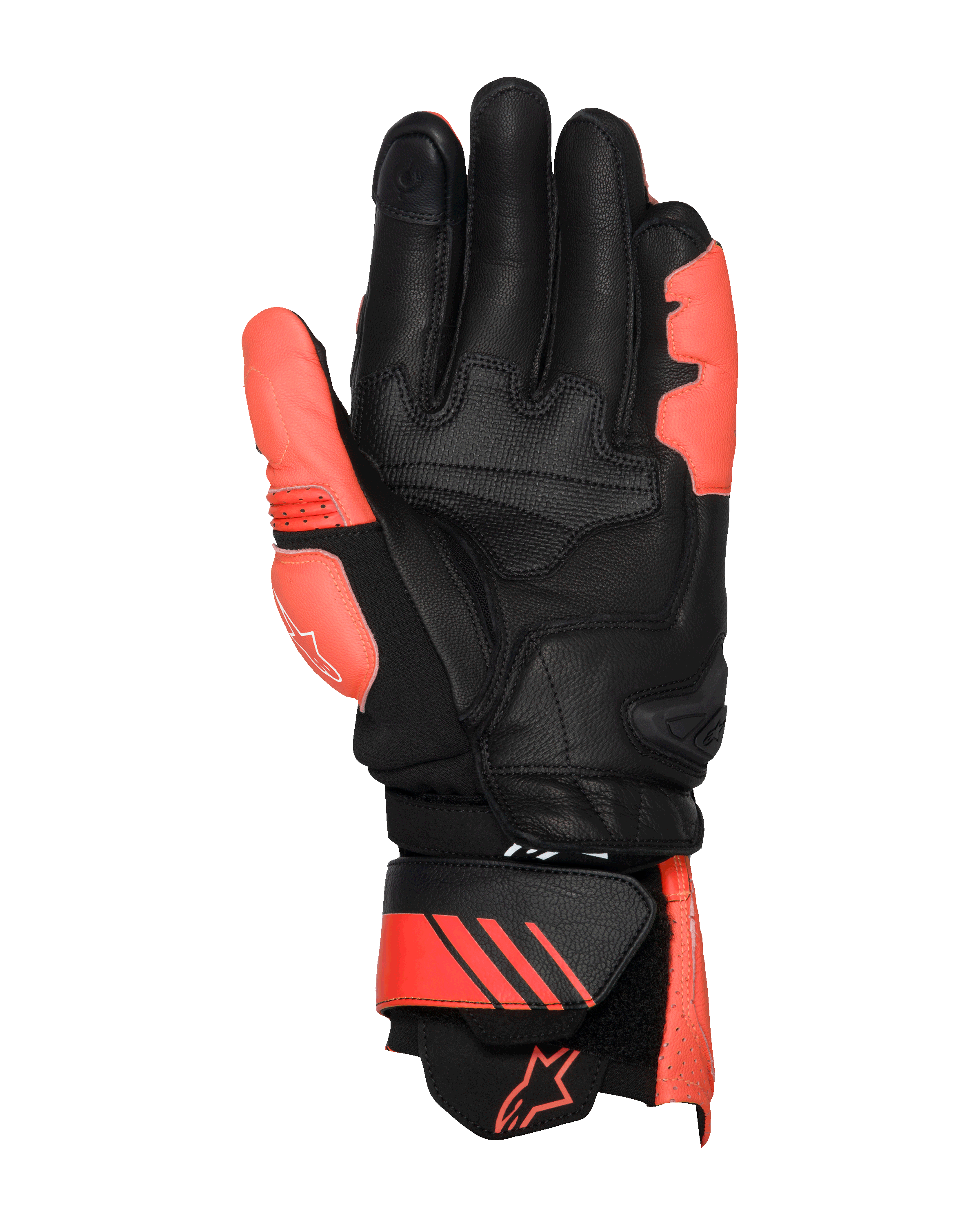 Gants en cuir Alpinestars GP Plus R V3, rouge vif, rouge fluo et noir, vue côté paume, avec zones de la paume et du pouce en cuir renforcé, manchette à gantelet ajustable avec accents rouges et logo, design racing professionnel