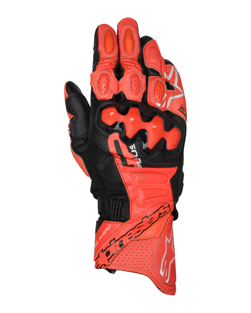 Gants en cuir Alpinestars GP Plus R V3, gants de moto de course, rouge vif, rouge fluo et noir, vue de dessus montrant la construction en cuir de qualité supérieure avec protections d'articulations en TPU double densité, sections de ventilation perforées, glissières de doigts et logo Alpinestars sur la manchette.