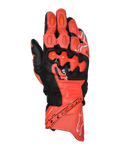 Gants en cuir Alpinestars GP Plus R V3, gants de moto de course, rouge vif, rouge fluo et noir, vue de dessus montrant la construction en cuir de qualité supérieure avec protections d'articulations en TPU double densité, sections de ventilation perforées, glissières de doigts et logo Alpinestars sur la manchette.