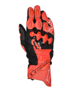 Gants en cuir Alpinestars GP Plus R V3, gants de moto de course, rouge vif, rouge fluo et noir, vue de dessus montrant la construction en cuir de qualité supérieure avec protections d'articulations en TPU double densité, sections de ventilation perforées, glissières de doigts et logo Alpinestars sur la manchette.