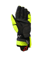 Gants en cuir Alpinestars GP Plus R V3, gants de moto racing et sport, jaune fluo et noir, vue de la paume montrant la construction en cuir, zones de préhension renforcées et sangles de manchette réglables avec logo Alpinestars, équipement de piste haute performance